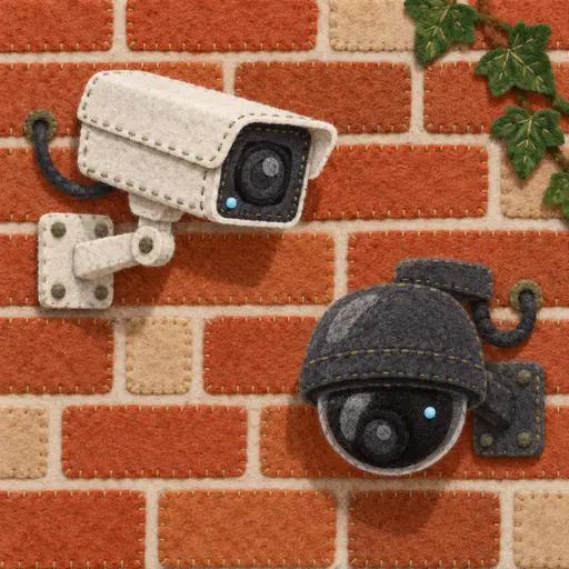 A white box security camera and a dark dome security camera hang side by side on a terracotta felt brick wall with stitched cables and an ivy sprig.