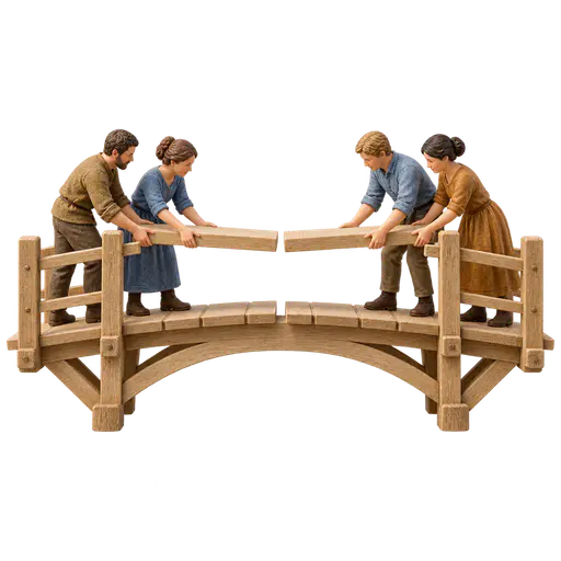 Building bridges: two small groups on opposite broken bridge ends lowering matching wooden halves toward the center until they nearly meet, isolated on transparency.
