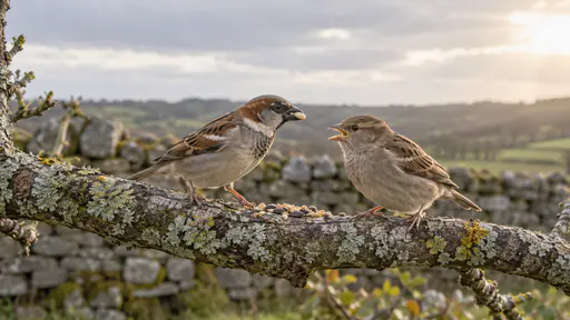 Two small brown sparrows face each other on a bare lichen-covered branch with a few scattered seeds between them and the beak of the right-hand sparrow open in bright overcast light with a blurred stone wall behind.