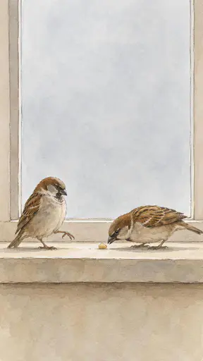 An ink and watercolour windowsill scene with two simplified sparrows facing each other across one crumb; the left sparrow holds one foot raised mid-step while the other's beak just touches the crumb, and a tall empty window fills the upper half in pale cool grey wash.
