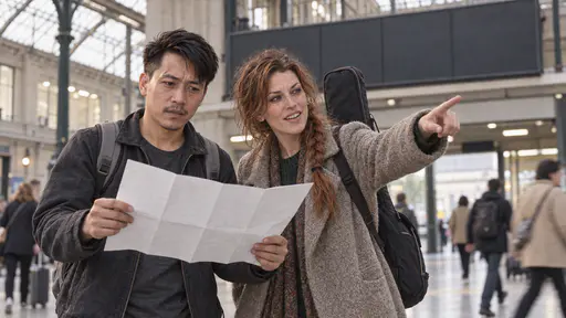 A wiry man in a charcoal jacket with a grey rucksack holds up a folded blank paper map with a lost frown while a freckled woman with a loose auburn braid in an oatmeal coat leans in pointing down a station concourse toward an exit with a helpful smile under a blank departure board.