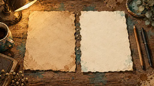 Two blank torn sheets of tan and cream paper lie side by side with their ragged edges facing on a worn desk beside a pen and a pencil in loose ink and wash.