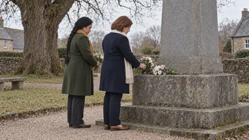 A woman with an auburn bob in a navy coat and cream scarf and a woman with a long braid in a dark green coat and mustard scarf lay small bunches of flowers on the plinth of a grey stone memorial on a village green in soft morning light.