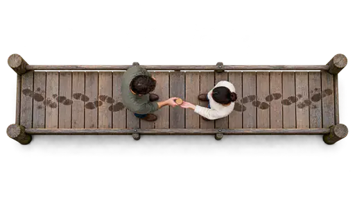 Meeting halfway: two adults meet exactly halfway along a narrow wooden footbridge seen from directly overhead, equal trails of damp footprints converging at the center plank where they exchange a small wooden token hand to hand, isolated on transparency.