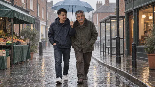 An older man in an olive waxed jacket walks close beside a wiry man in a navy cagoule who holds one pale blue umbrella high over both as rain bounces on the wet cobbles.