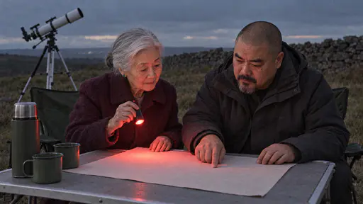 A very small silver-haired elderly woman in a plum coat holds a red torch steady while a stocky shaven-headed man in a charcoal parka traces a line across a blank star chart at a folding table with a thermos and two cups.