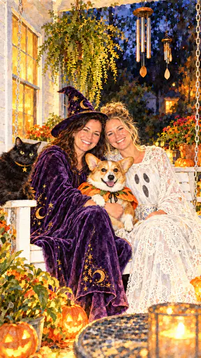 Two women dressed as a witch and a ghost sit on a porch swing with a corgi in a pumpkin cape and a black cat in a star collar among glowing pumpkins and wind chimes.