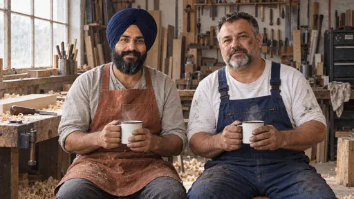 A turbaned woodworker and a grey-bearded mechanic sit side by side on stools holding steaming enamel mugs at a worn workshop bench with a half-planed board and chisel left mid-task in raking window light.