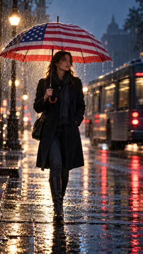 Rainy street portrait of an adult under a flag umbrella with puddles reflecting red. Thirteen stripes and a neat canton ride along.