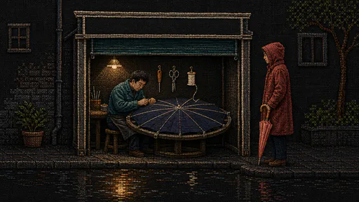 Embroidered night scene of an artisan mending an open indigo umbrella under an amber kiosk lamp while a customer waits with a folded coral umbrella beside a rain puddle.