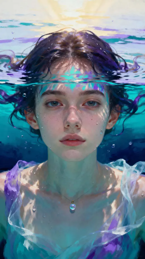 A portrait of a character fully submerged with eyes open, sun rays above casting soft patterns across the face while water glows turquoise and lilac in a vertical frame 9:16.