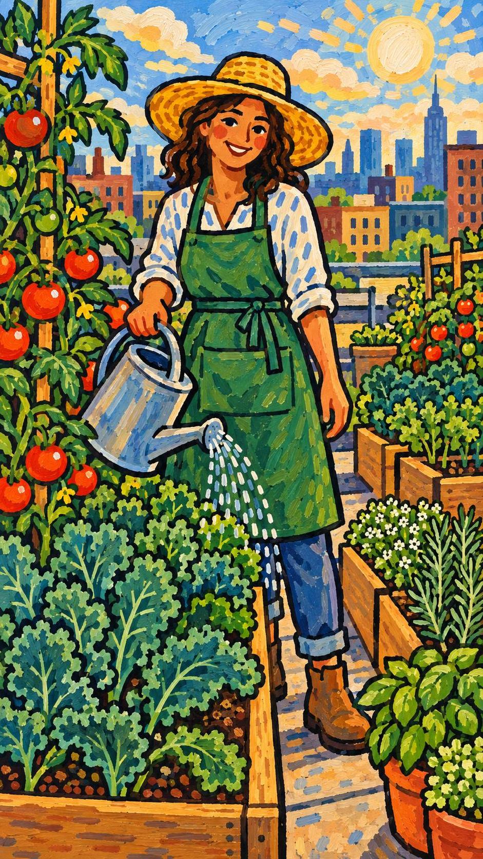 A happy adult gardener in a straw hat and apron tends raised beds of tomatoes, kale and herbs on an urban rooftop farm with a watering can and city rooftops behind.