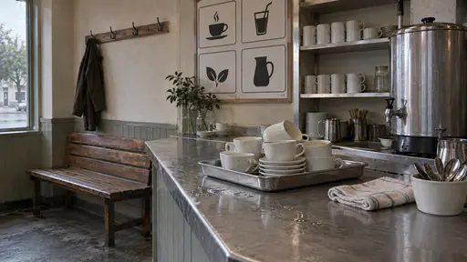A clearing tray stacked with used white cups sits on a zinc counter beside a folded cloth and a small bowl of spoons after the rush in low afternoon light with a filter tank and shelves behind.