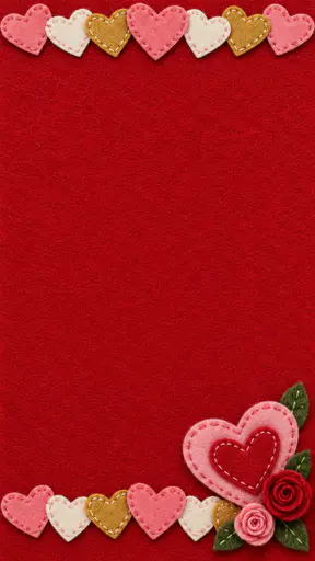 A tall deep red felt card background with a row of pink, white and gold stitched felt hearts along the top and bottom edges, a larger layered heart with two felt roses and leaves at the lower right and a large empty red centre.