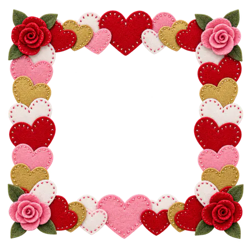 A rectangular frame of overlapping red, pink, white and gold stitched felt hearts along all four sides with small felt roses at the corners and a large open transparent centre.