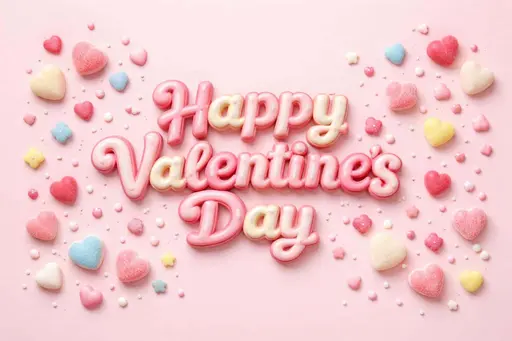 Close-up product-style photograph of 3D candy hearts forming a central 'Happy Valentines Day' typography, arranged on a pastel pink surface for a poster-cover composition.