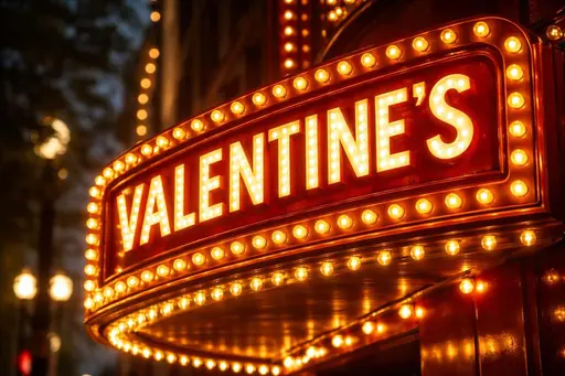 Close, low-angle street photograph of a lit Valentine’s marquee sign with warm bulbs and strong bokeh, framed for a 3:2 poster-cover crop to match the reference image.