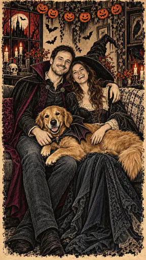 A couple dressed as a vampire count and a witch sit on a sofa with a golden retriever in a small bat wing cape among candles, paper bats and a pumpkin garland.