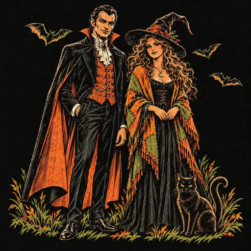 A tall vampire count in a high collared cape and a witch in a pointed hat stand together with a black cat at her feet and a few bats above on a plain black ground.