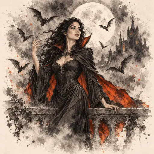 A vampire woman with long black hair and a crimson lined cape stands on a gothic stone balcony at night as bats swirl around her under a full moon and a distant castle.