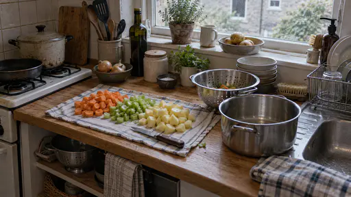 In raking side light on the single shared worktop of a small kitchen a folded tea towel serves as the cutting surface with chopped carrots, celery and potatoes in tidy heaps beside a small knife, a colander and a steel pot waiting at the edge of the crowded worktop.