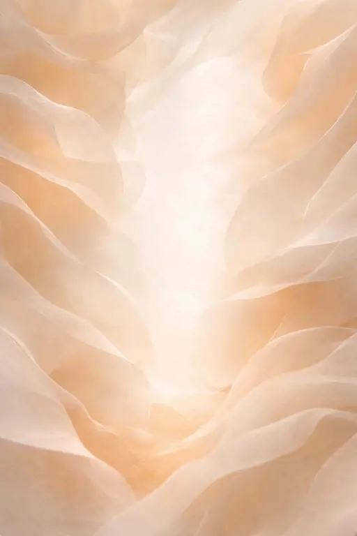 Portrait 2:3 macro of layered translucent vellum drifting upward like rose petals in cream, pale peach, and champagne with a soft, high-key, text-friendly central wash.
