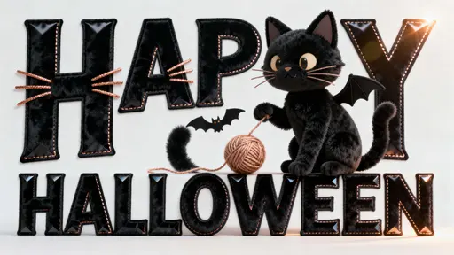 16:9 photo-quality 3D render of full-frame HAPPY HALLOWEEN in deep black velvet with copper-foil whiskers and satin piping; a chenille black cat bats a pumpkin-orange yarn ball, warm speculars, low haze.