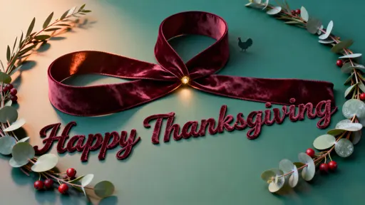 16:9 cinematic scene of 'Happy Thanksgiving' formed by a deep burgundy velvet ribbon looping across the lower third, cradled by matte eucalyptus sprigs, a tiny golden ember focal, and a camouflaged minuscule turkey.