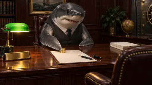 Loan shark: a great white shark in a tailored vest sits behind a polished wooden bank desk, one pectoral fin extended to slide a small stack of gold coins across a blank paper contract toward the viewer's side. A dark fountain pen lies uncapped on the contract, its nib turned toward the empty…