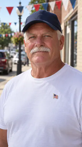 A broad upright man in his early sixties with a thick white moustache and light blue eyes, a plain navy baseball cap and a white shirt with a small enamel flag pin, on a small-town street under red, white and blue bunting.