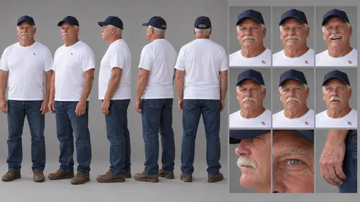 A 16:9 studio character sheet of a man in a plain navy cap and white shirt with a small flag pin, dark jeans and brown work boots, shown in five full-body views, six expressions and three close details.