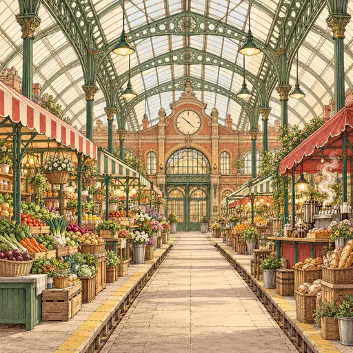 A Victorian railway station converted into a covered food market with an iron and glass train shed roof, striped awnings along the old tracks and a station clock.