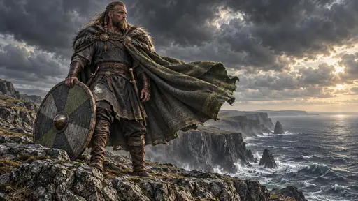 A Norse viking warrior with braided hair and a beard stands on a windswept cliff above a grey sea with a round shield and a heavy cloak under a brooding sky.