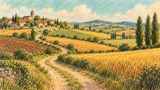 A village of red-roofed houses and a small church sits beside patchwork wheat and ploughed fields with a winding farm track in coloured pencil and crayon.