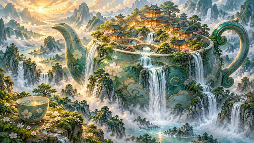 A charming village of tiled roof pagoda houses sits within a colossal teapot as waterfalls pour into a misty valley beside a small teacup, with a soft teal glow.
