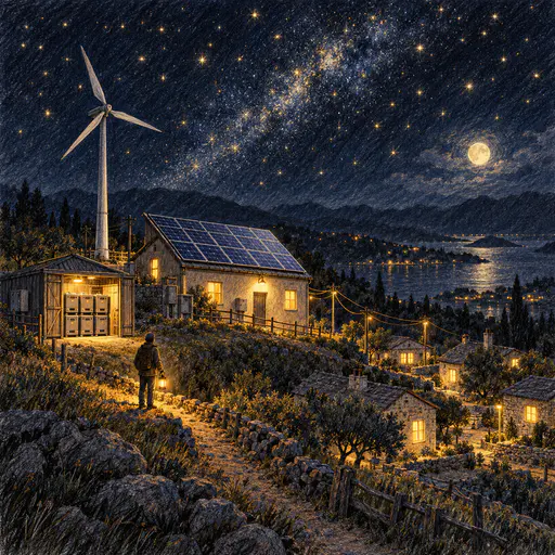 A small adult holds a warm lantern and looks up at rooftop solar panels, a slim wind turbine and a softly glowing battery shed above a village under scattered golden stars in dense scribbled pencil.