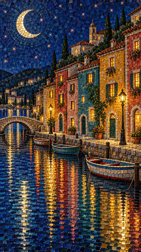 Colorful village houses with lit windows and two lamps line a quayside at night with golden reflections stretching down a calm harbour in glass and ceramic tiles.