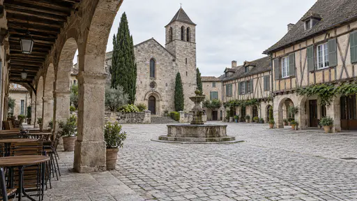 A village square with a stone church tower, a central fountain, shuttered timber-framed houses and stacked cafe tables under an arcade in soft overcast light.