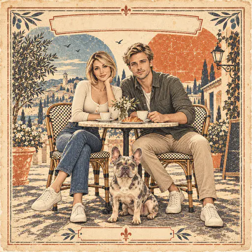 Weathered vintage poster of a couple and French bulldog at a cafe table under a terracotta sun and teal sky