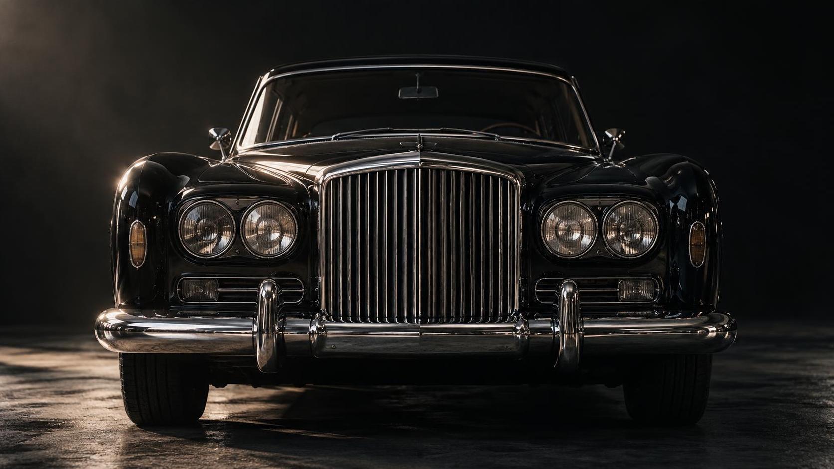 A vintage luxury limousine seen from the front against a dark backdrop.