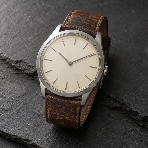 A steel-cased vintage wristwatch with a cream dial, slim hour markers, two thin hands and a small crown, worn brown leather strap on a slab of dark slate.