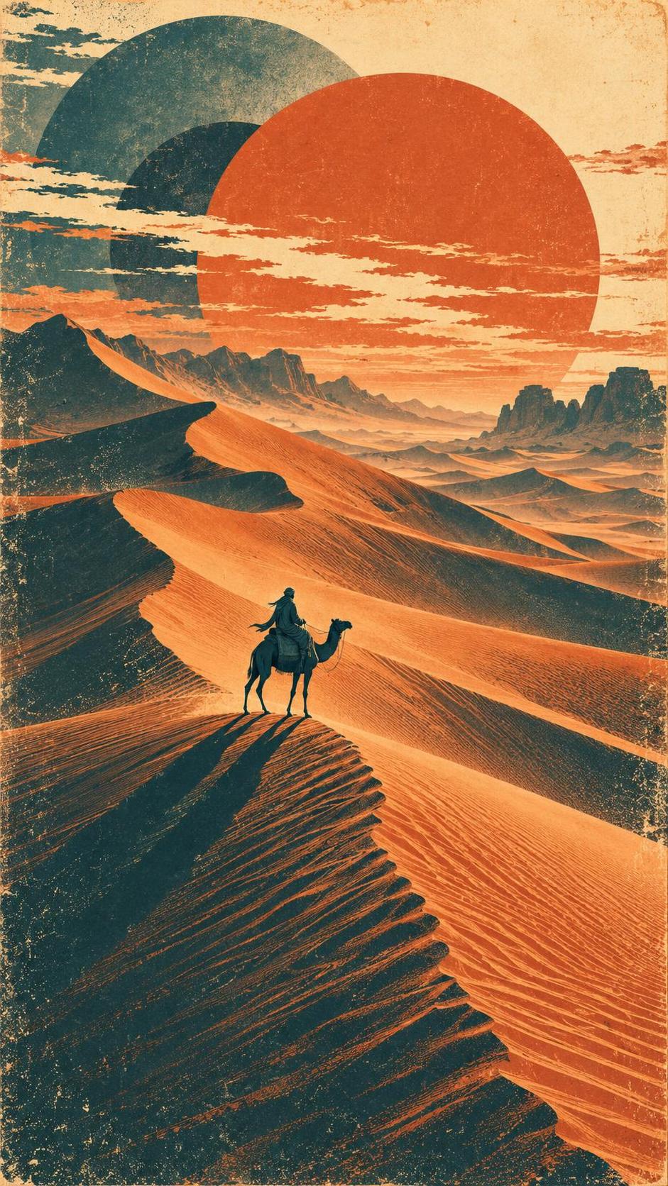 A lone nomad rides a camel across a vast desert seen in silhouette against a setting sun with long shadows over rippled dunes under an orange and violet sky.