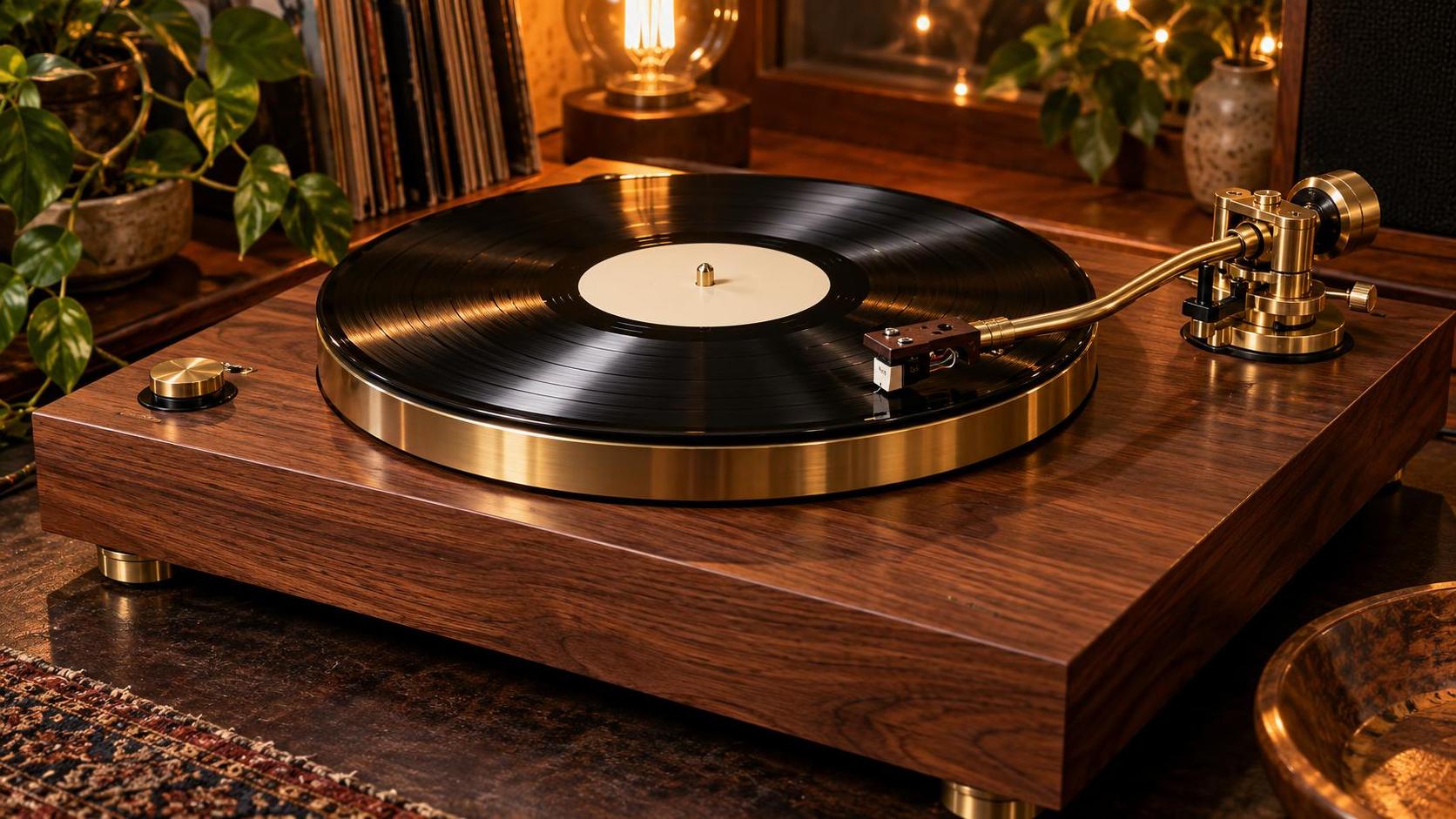 A vintage vinyl record player with a spinning black record, brass tonearm and wooden base sits before warm string lights glowing softly in the background.