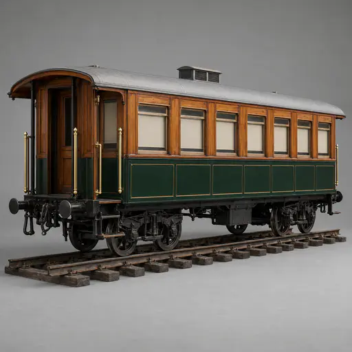 A vintage wooden passenger carriage with rows of windows, brass handrails and a roof vent stands on a short length of rail against a plain grey backdrop.