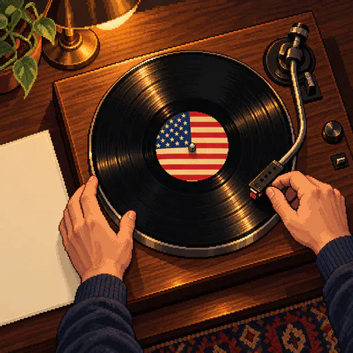 Spinning vinyl with a flag label and canton centre cued by adult hands on a turntable. Thirteen stripes and a neat canton play loud.