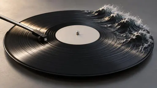 Sound waves: a low three-quarter conceptual still life of a black vinyl record on a plain surface, its fine concentric grooves lifting continuously into small curling ocean waves with pale foam along one edge, a slim silver tonearm touching a calm groove under soft raking light.