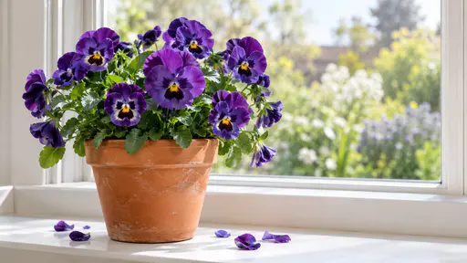A terracotta pot of violet pansies with yellow centres stands on a white windowsill with a few fallen petals and a blurred garden beyond the window in fresh morning light.