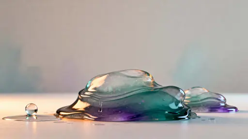 A 16:9 composition of viscous translucent shapes arranged as an abstract still life, reflecting warm amber and cool teal light to emphasize depth, surface tension, and subtle translucency.