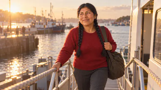 A sturdy woman with two long black braids in a deep red wool sweater walks up a ferry gangway holding the rope, glancing back at the quay with a warm smile, harbour boats glowing behind her in strong low golden sun.