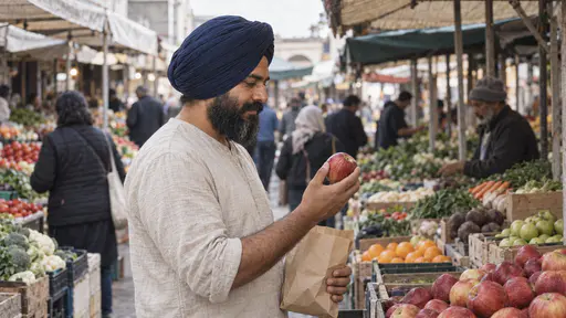 A sturdy man with a full black beard and a plain navy turban lifts a single red apple from a fruit stall on a covered market street, a plain paper bag in his other hand, rows of stalls and blurred shoppers behind him.